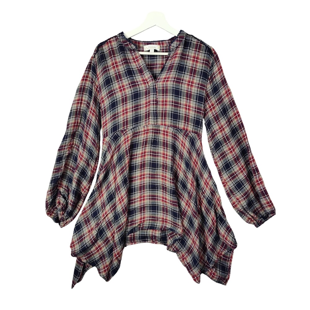 Suzane Betro Plaid Handkerchief Tunic Dress Bishop Long Sleeves Womens Size 1X